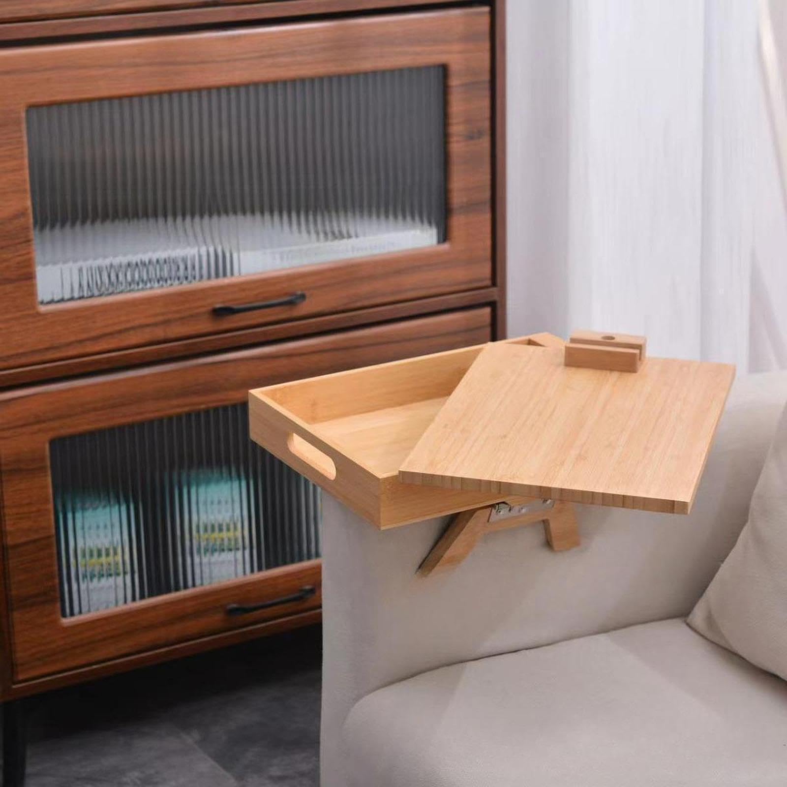 Bandeja de Madera para Reposabrazos de Sofá, Mesa Auxiliar para Mando a Distancia, Taza, Aperitivos.