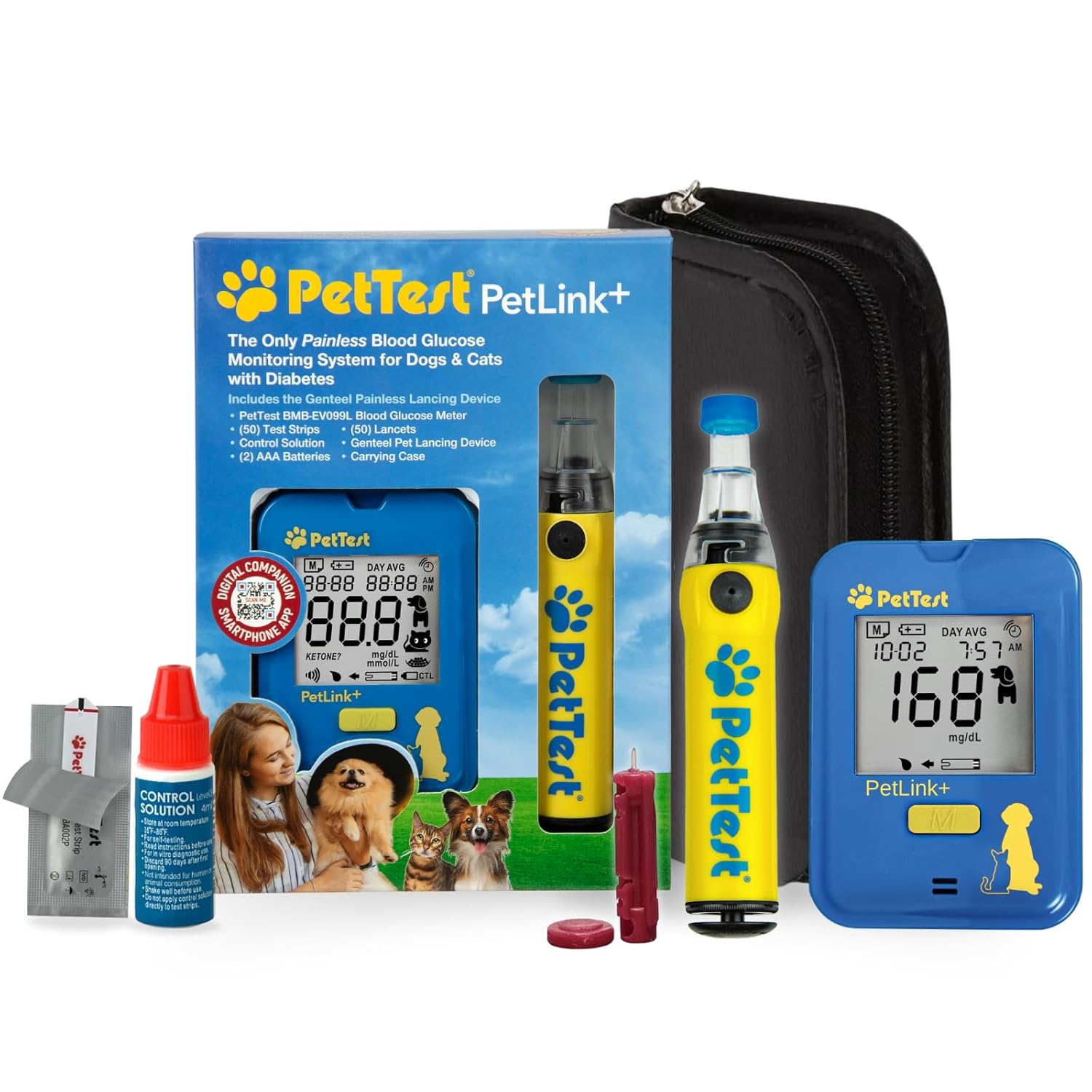 PetTest Painless Glucose Monitoring Kit for Dogs & Cats, Diabetic Pet Blood Sugar Check Gear, Includes Wireless PetLink+ Meter, 50 Test Strips, Genteel Lancing Device, 50 Lancets, Soft Carrying Case