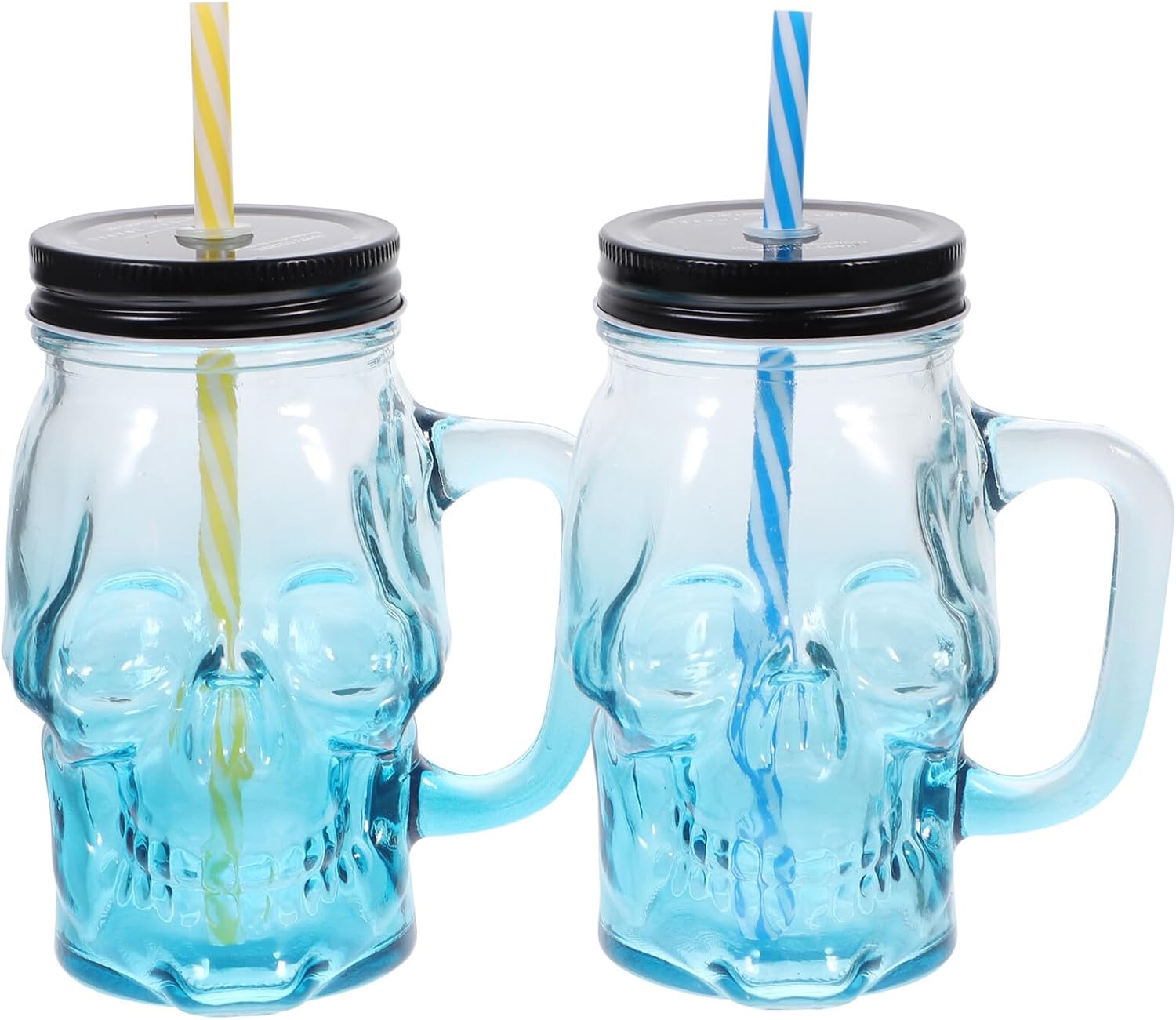 Toyvian Halloween Gradient Blue Skull Glass Beer Mug 500ml with Handle, 2pcs Set Party Skull Glassware for Halloween Drinks and Beverage Serving Random Color