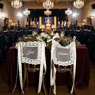 Just Married Wedding Chair Signs Set of 2, Sheer Lace Bride and Groom Chair Back Decor with Ribbon, Romantic Elegant Decor for Wedding Reception Ceremony Sweetheart Table