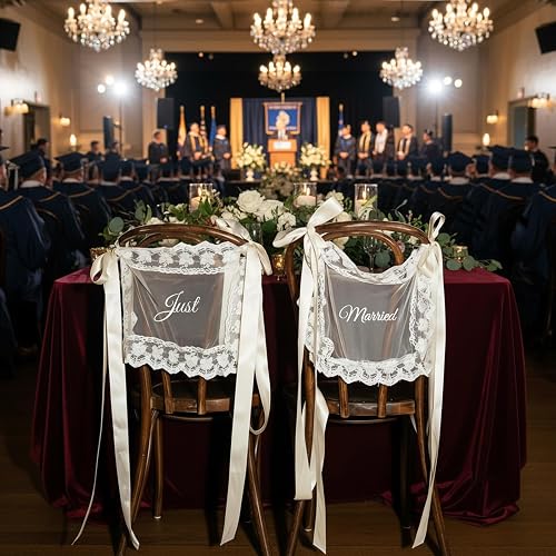 Just Married Wedding Chair Signs Set of 2, Sheer Lace