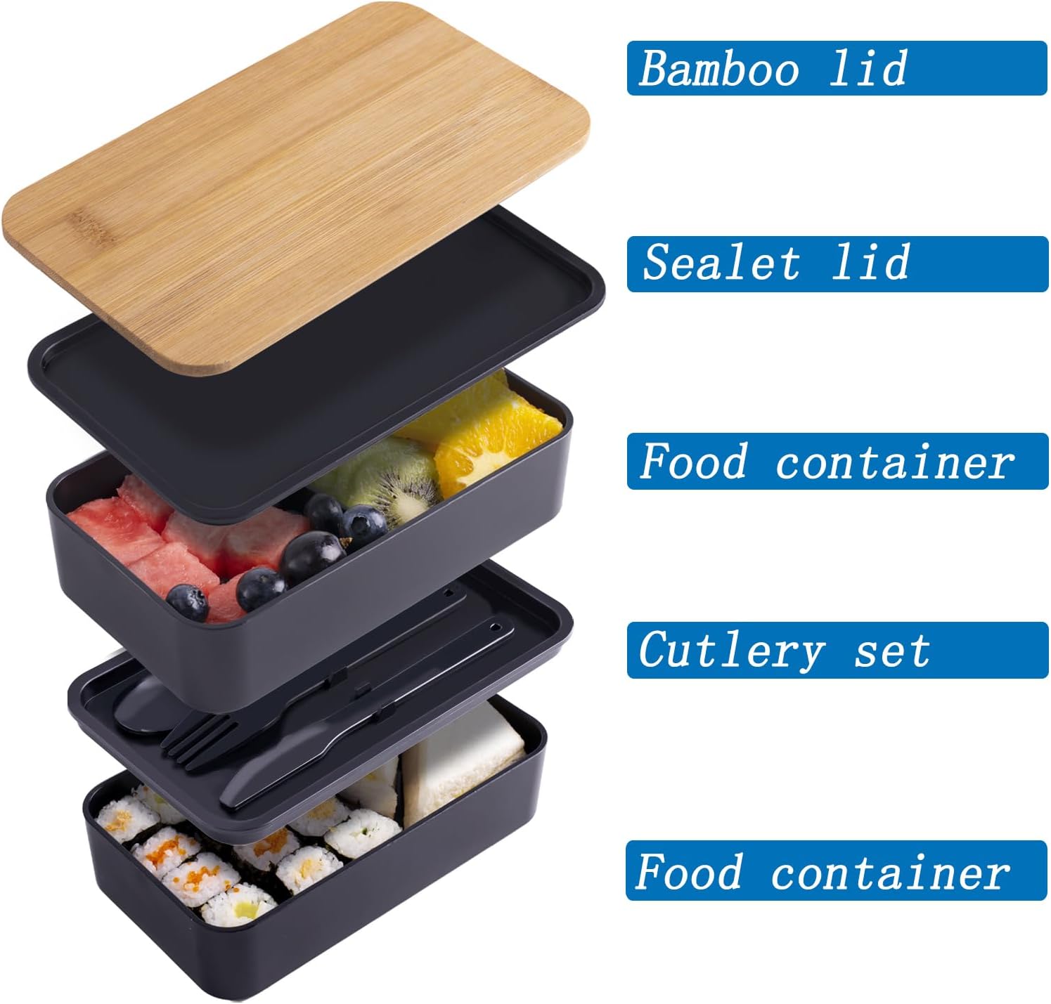 Japanese Bamboo Bento Box with Compartments and Utensils Stackable Lunch Box Includes Lunch Bag for Meal Prep Black - Image 2