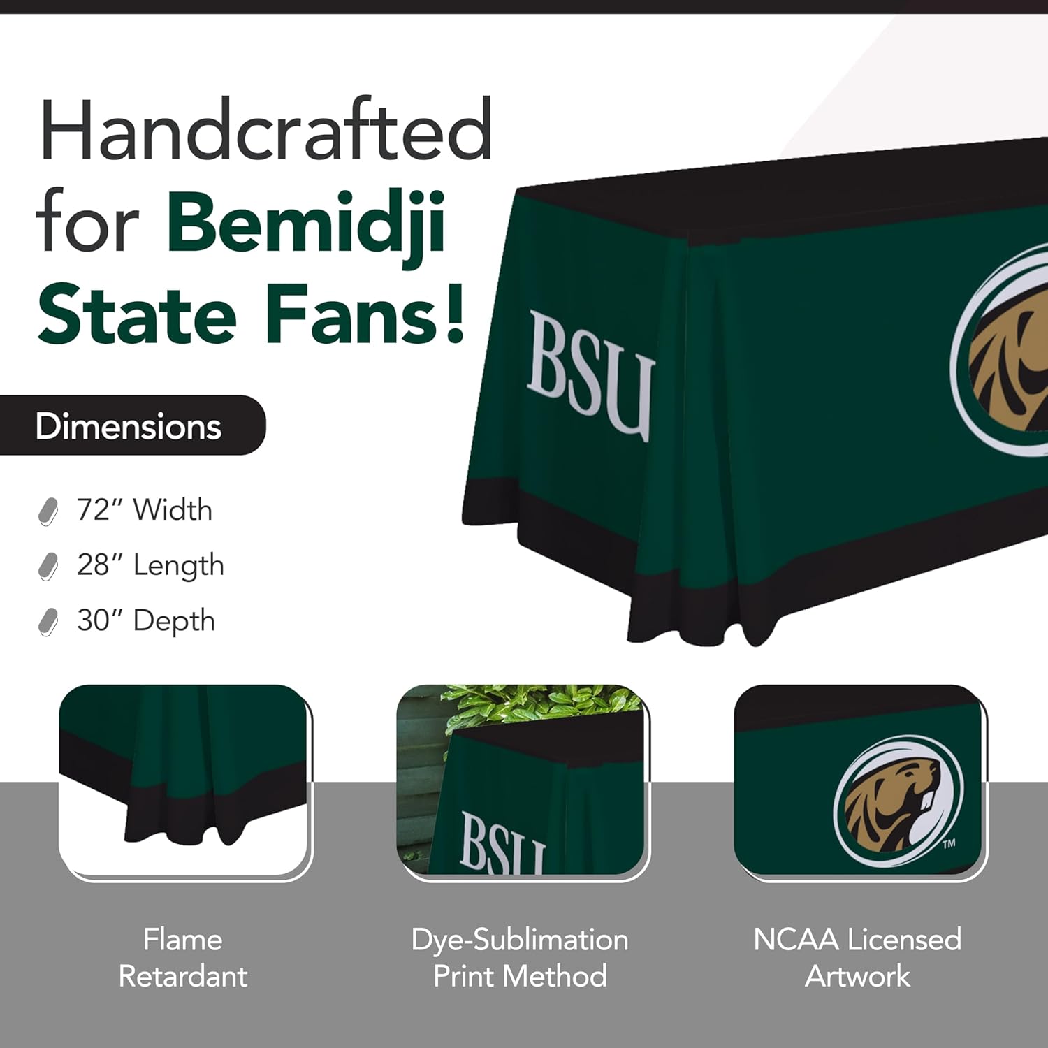 Bemidji State Beavers College Sports Printed Table Throw - NCAA Licensed - Polyester - School Tablecloth (Green, Black) (6' Draped)