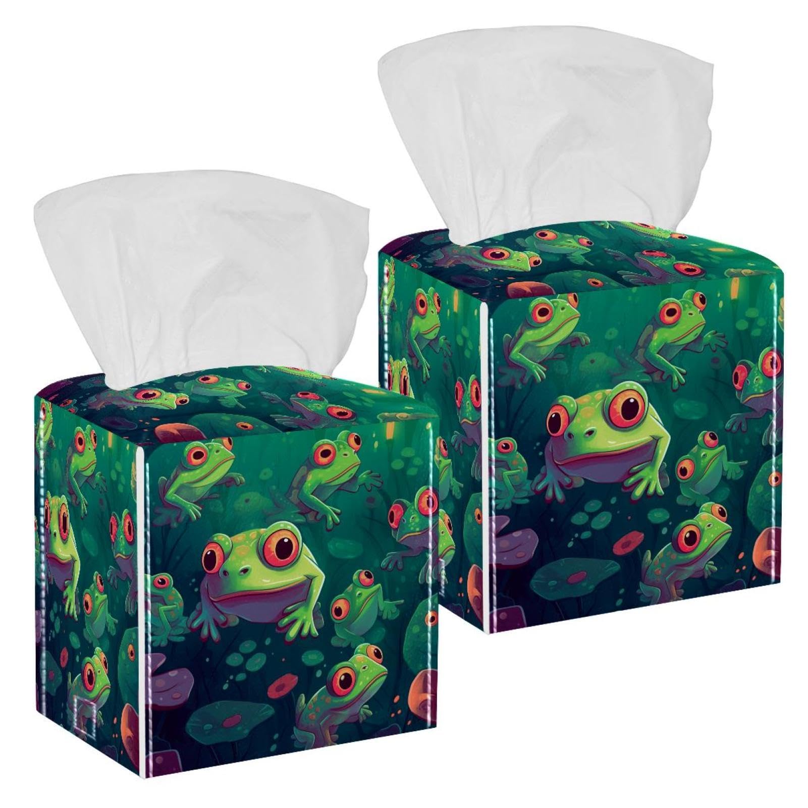 Cartoon Frogs Tissue Box Cover, 2 Pack PU Leather Square Facial Tissue Dispenser Box holder for Home Office Car