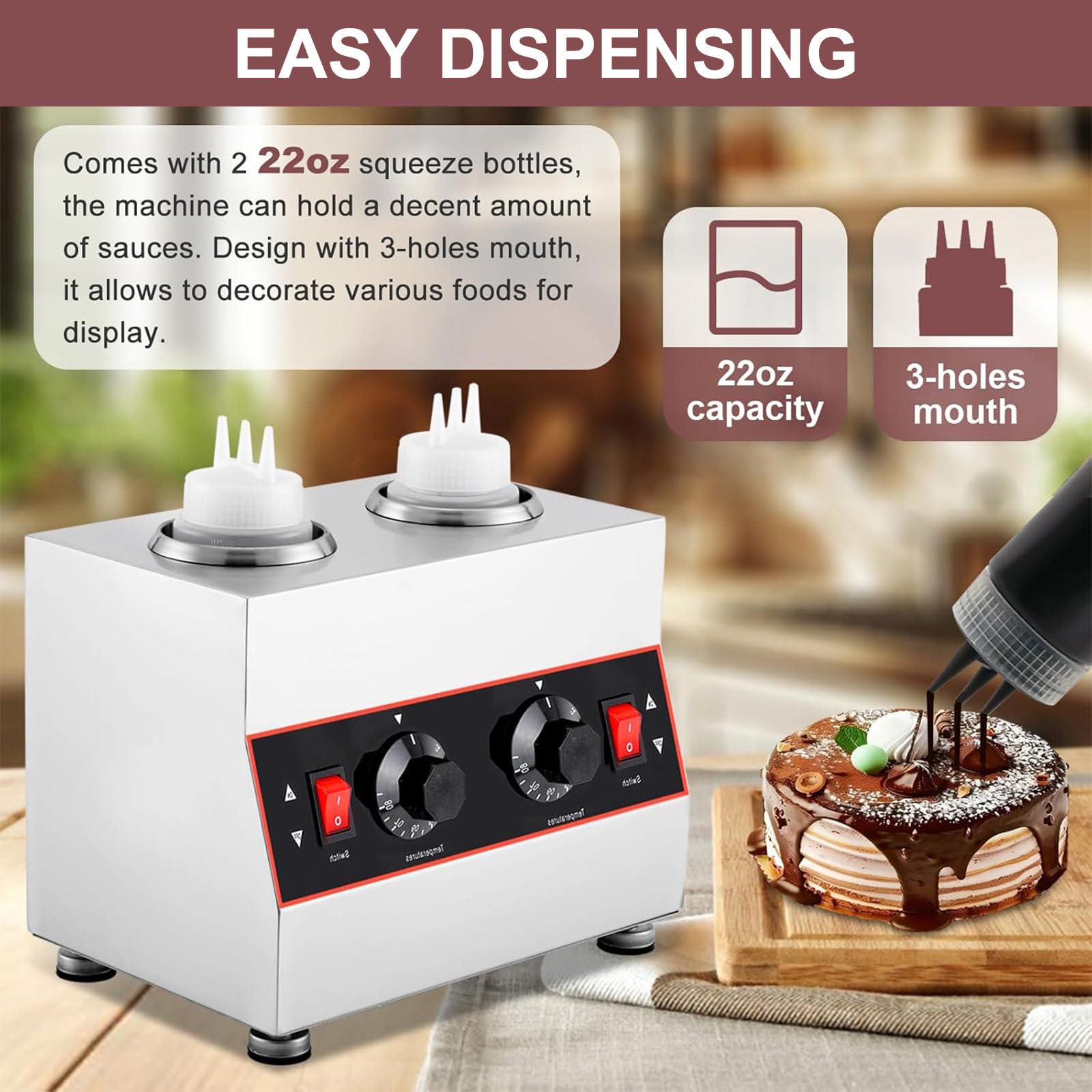 Calentador de Salsas, Máquina Dispensadora de Chocolate Caliente con Botellas de 650ml / 22oz, Dispensador de Salsas Comercial para Queso, Curry y Caramelo,2 Bottles