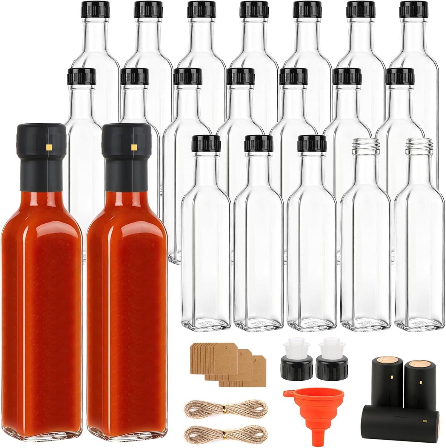 HINGWAH 21 Pack 8.5oz Hot Sauce Bottles, Square Glass Bottles with Caps