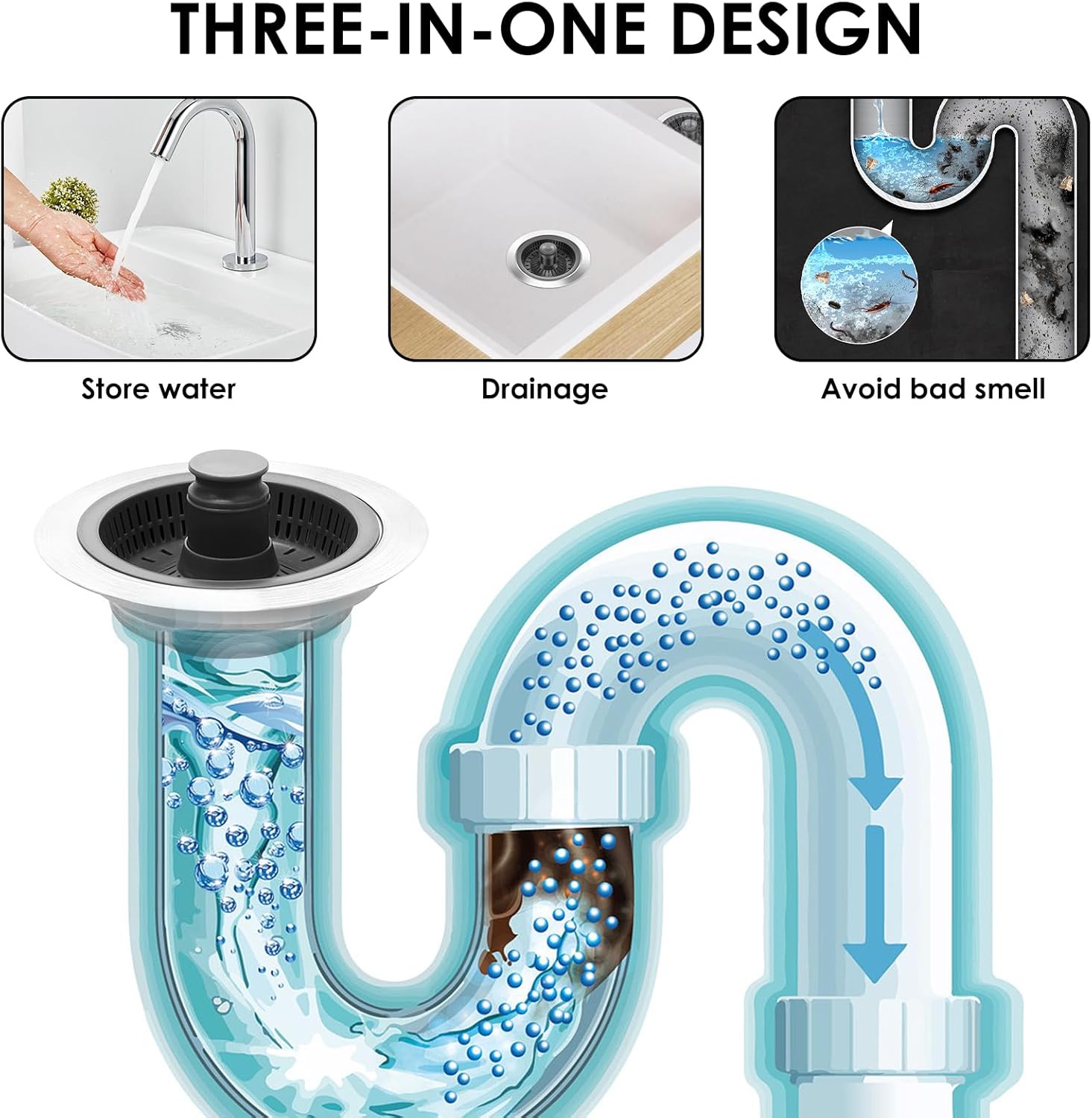 2 Pack 3 in 1 Kitchen Sink Drain Strainer,Pop Up Sink Stopper,304 Stainless Steel Kitchen Sink Strainer with ABS Basket,Anti-Clogging Drain Plug for Kitchen Sink,Hotel,Restaurant,xUniversal Fit