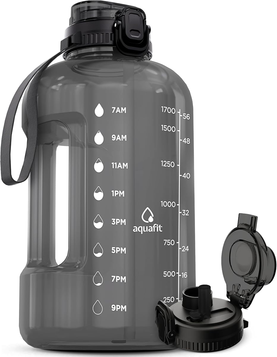 AQUAFIT 64 oz Water Bottle with Time Marker, BPA Free Half Gallon Water Bottle with Straw & Handle (Gray, 64oz 2in1 Lid)