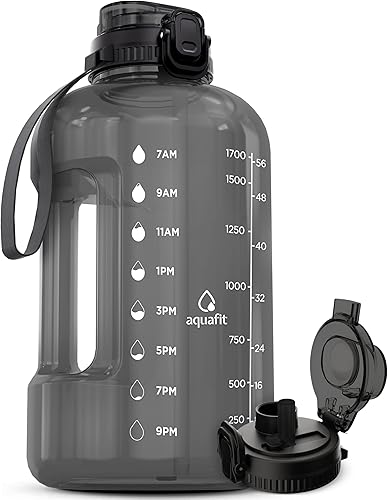 AQUAFIT Botella de agua de medio galón con marcador de tiempo, tapa para popote y beber, botella de agua para gimnasio sin BPA con popote, jarra