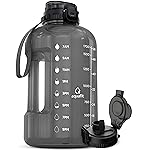 AQUAFIT Half Gallon Water Bottle with Time Marker - Straw & Chug Lid - BPA Free Gym Water Bottle with Straw - Big Gallon Jug (Charcoal, 64 oz - 2in1 Lid)