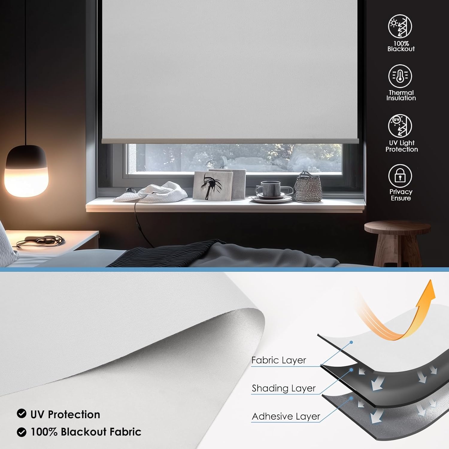 Smart Motorized Blackout Roller Blinds with Remote & Solar Panel, Cordless Electric Shades, USB-C Rechargeable, Compatible with Alexa via Hub, White, 35½”*W x 72” H