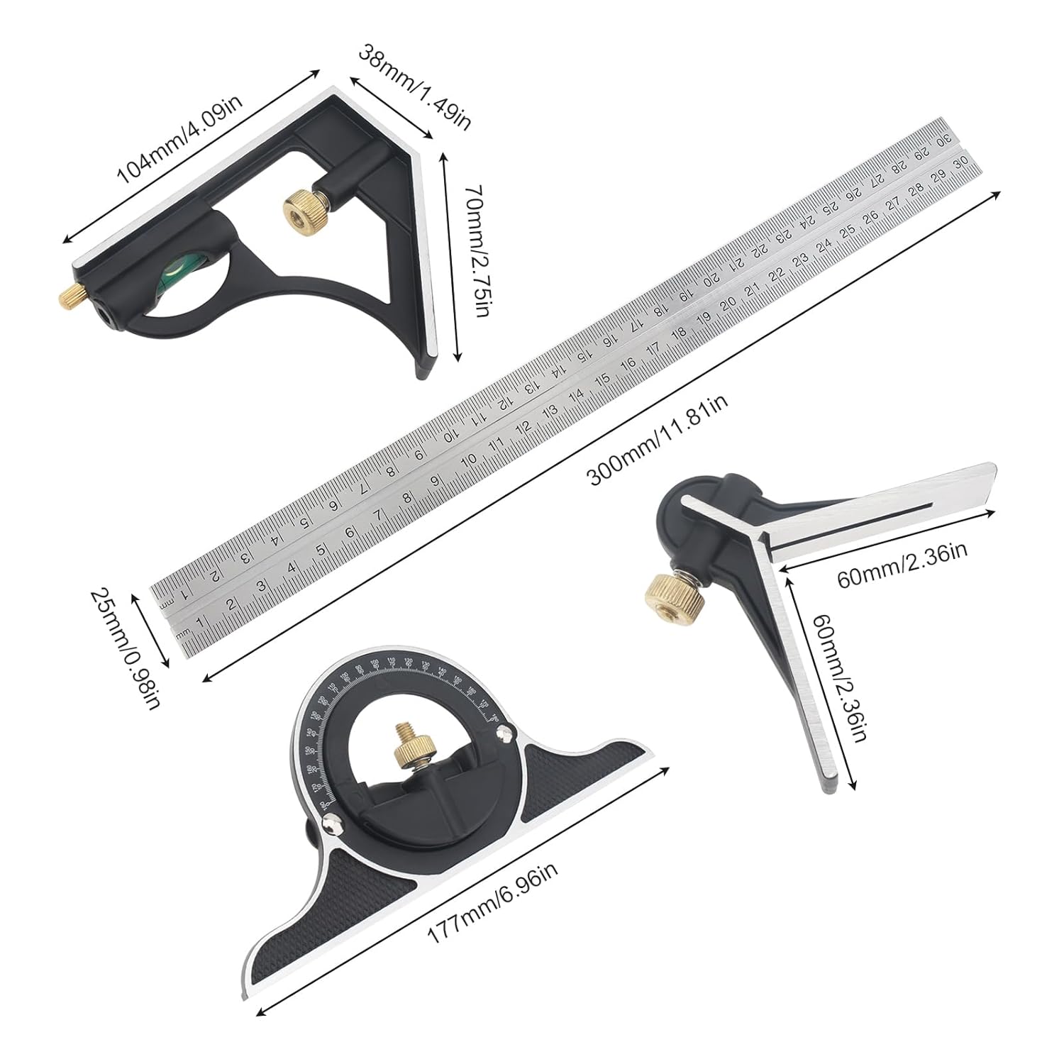 12" Combination Square Stainless Steel Adjustable Sliding Ruler & Protractor Level Measure Measuring Set 4-Piece Carpentry Tools Carpenter Square, Woodworking Tools, Metal Ruler, Framing Square