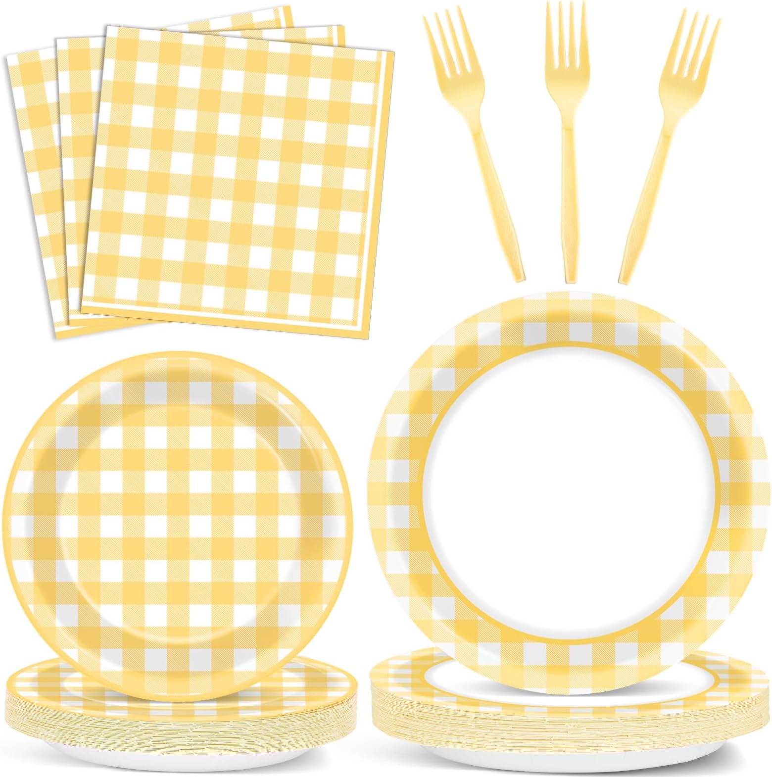 96Pcs Yellow Checkered Party Supplies Plaid Bachelorette Paper Plates and Napkins Yellow and White Checked Plates Birthday Party Decoration Tableware Set Plaid Parties Baby Shower Favors for 24 Guests