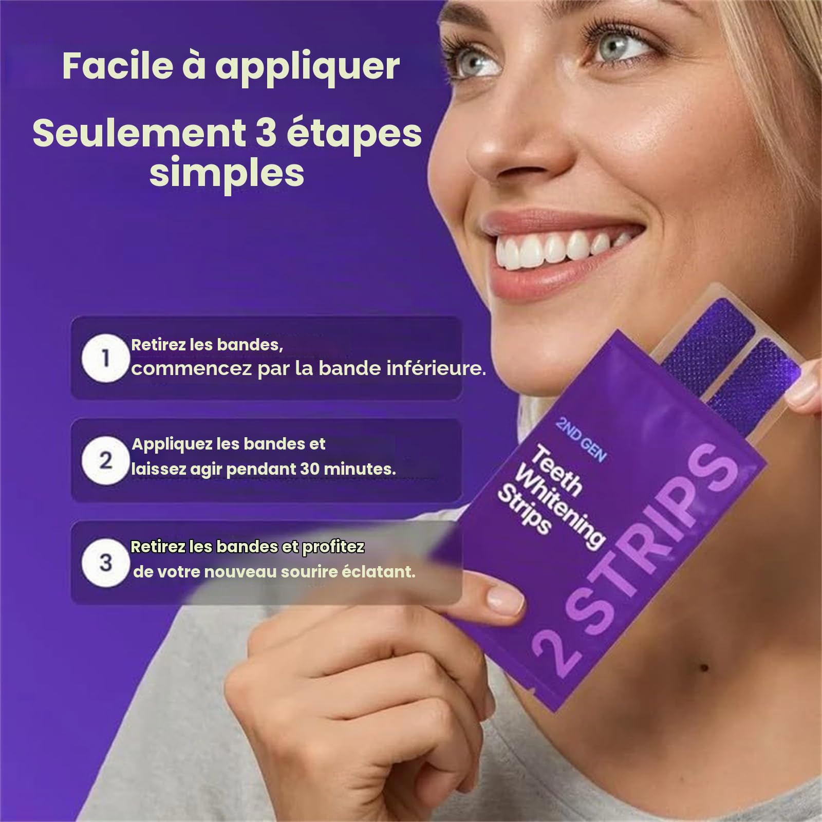 Bandes Blanchissantes Pourpres de Blanchiment Dentaire, Kit Blanchisseur Dents, Élimination des Taches Café Vin, Soin Dentaire Pratique