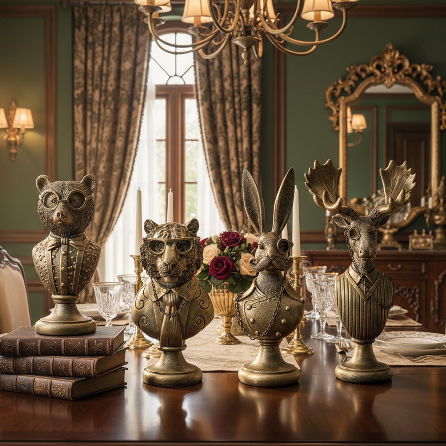 Vintage Animal Statue Sculpture Set,Gold Resin Animals Bust Figurine with Glasses & Suit, Retro Office Desk Decor for Home Living Room, Creative Gift for Animal Lovers
