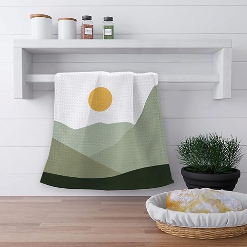 Miniatura 4 de OHSUL Juego de 2 paños de cocina abstractos bohemios con diseño de sol y luna, verde salvia, montaña verde salvia, altamente absorbentes, toallas de