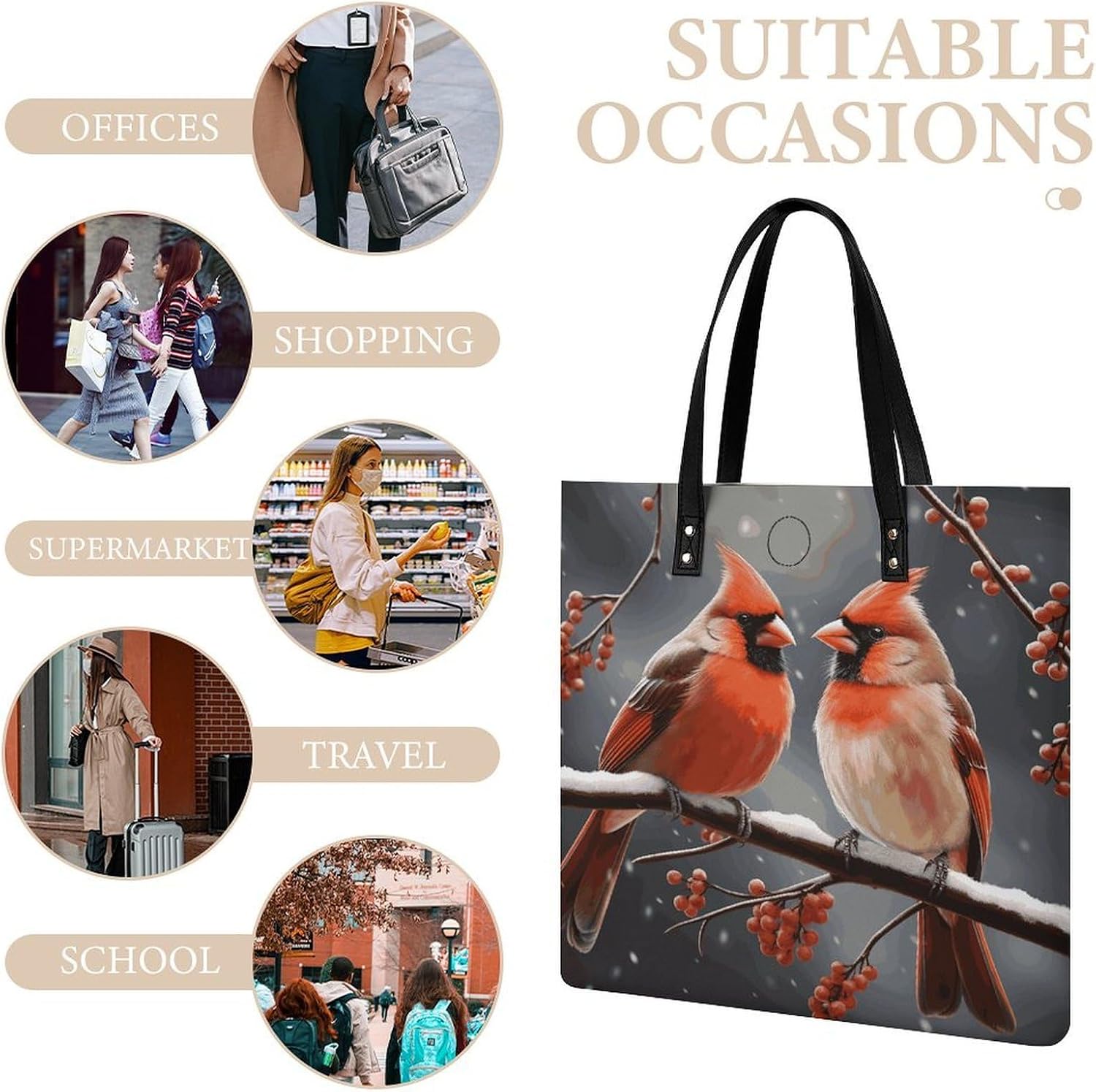 Cute Cardinal Birds Handbags Large Capacity, Tote Bag Stylish Slouchy, Shoulder Bags for Work Beach Travel And Shopping Grocery.