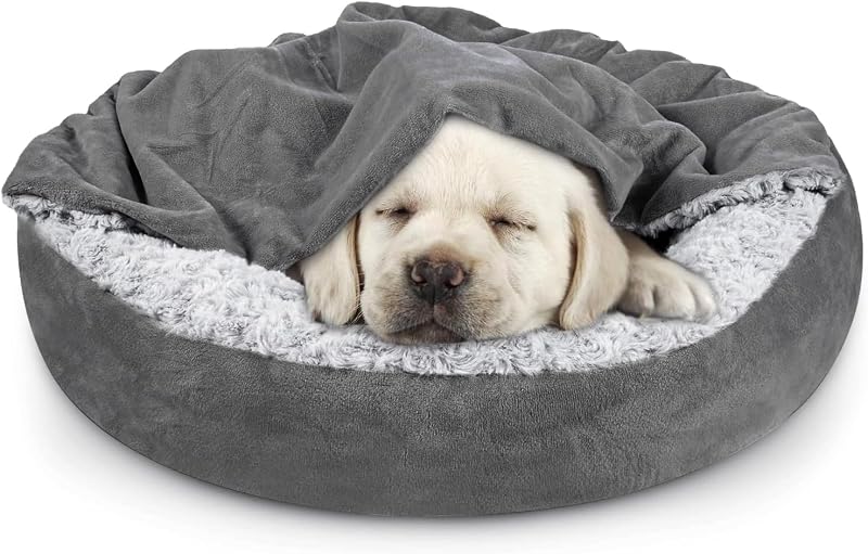 Cama Redonda com Toca e Cobertor para Cães Pequenos e Gatos JOEJOY, Pelúcia Macia, Base Antiderrapante e Lavável à Máquina – 58,42 x 58,42 x 17,78 cm