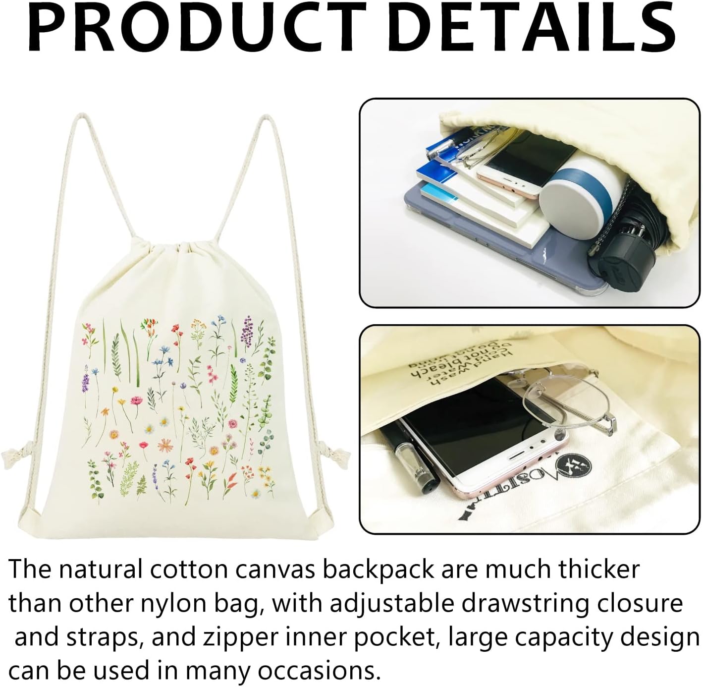 Small Floral Drawstring Backpack - Cute Flower Cotton Canvas Backpack for Women - Gift, Sport, Gym, Beach, Travel - Image 5