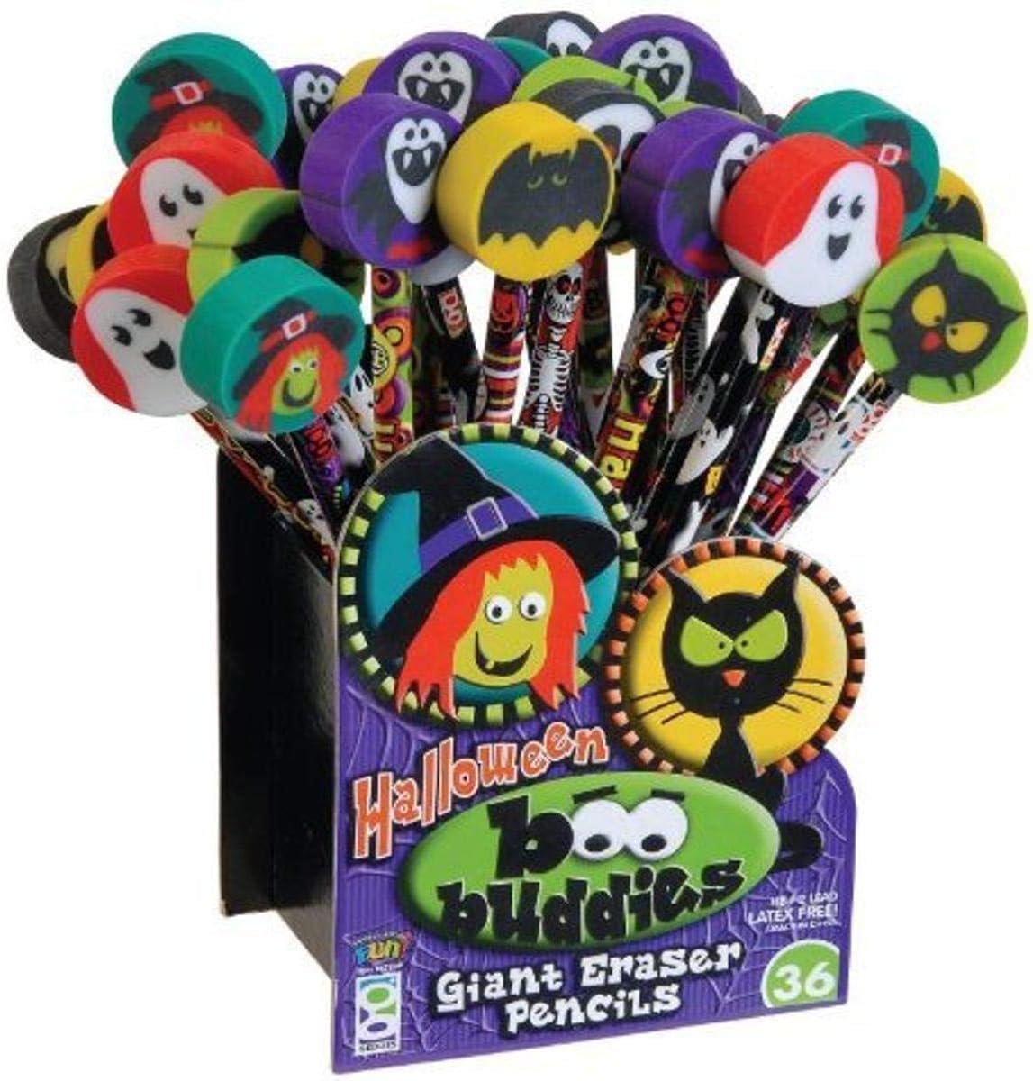 Geddes Boo Buddies Pencil with Giant Eraser Assortment - Set of 36