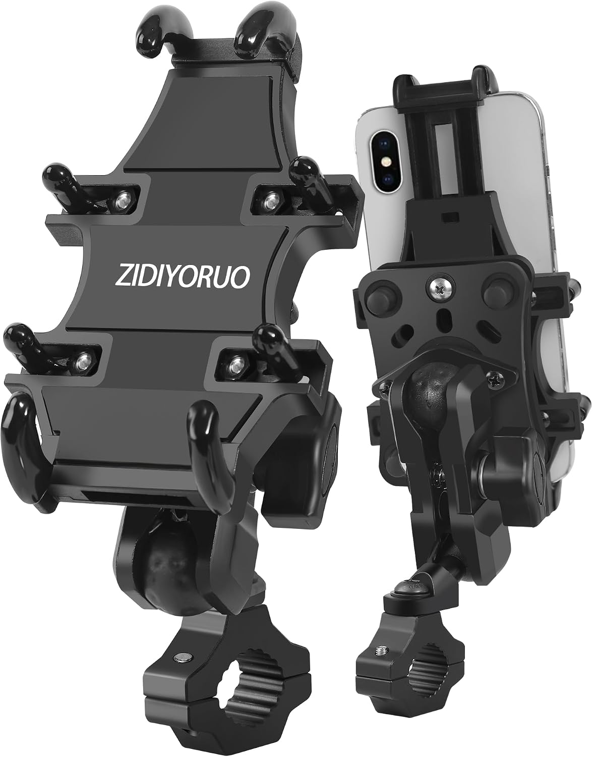 ZIDIYORUO Anti Vibration Motorcycle ATV Phone Mount Holder, Aluminum Heavy Duty Phone Mount Fit for 7/8"-9/8" Handlebars, Holds 4.7"-7.1" Cell Phones, Solid & Fully Adjustable Qud Phone Clamp