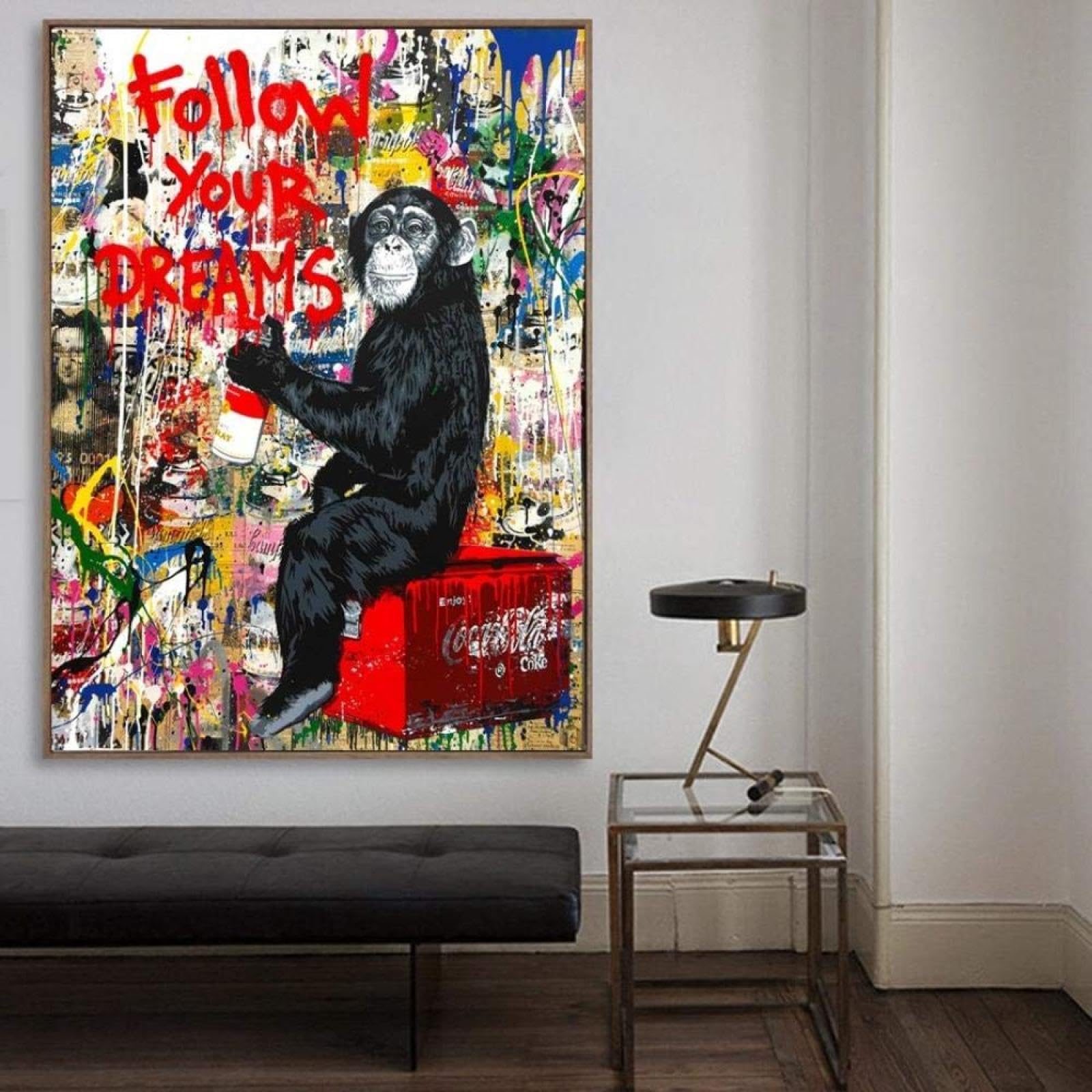 JACBON Banksy Graffiti Poster Monkey Street Art Canvas Paintings Mr Brainwash Modern Wall Art Prints Living Room Decor 20x30cm（8x12inch InternalFrame