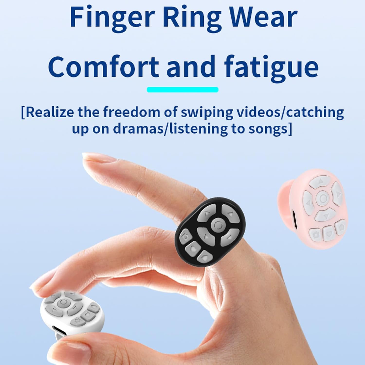 A hand wearing the Tangxi Scrolling Ring Remote Control, demonstrating its comfortable finger-ring wear.