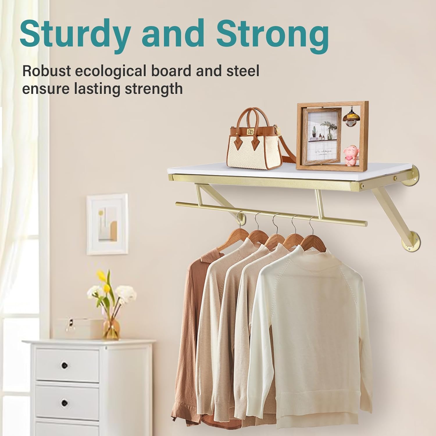 Shelf with Hanging Rod, Gold Closet Rod, Gold Closet Shelf with Hanging Rod, Clothes Rack with Top Shelves, Loads up to 88 lb, for Home, Clothing Store