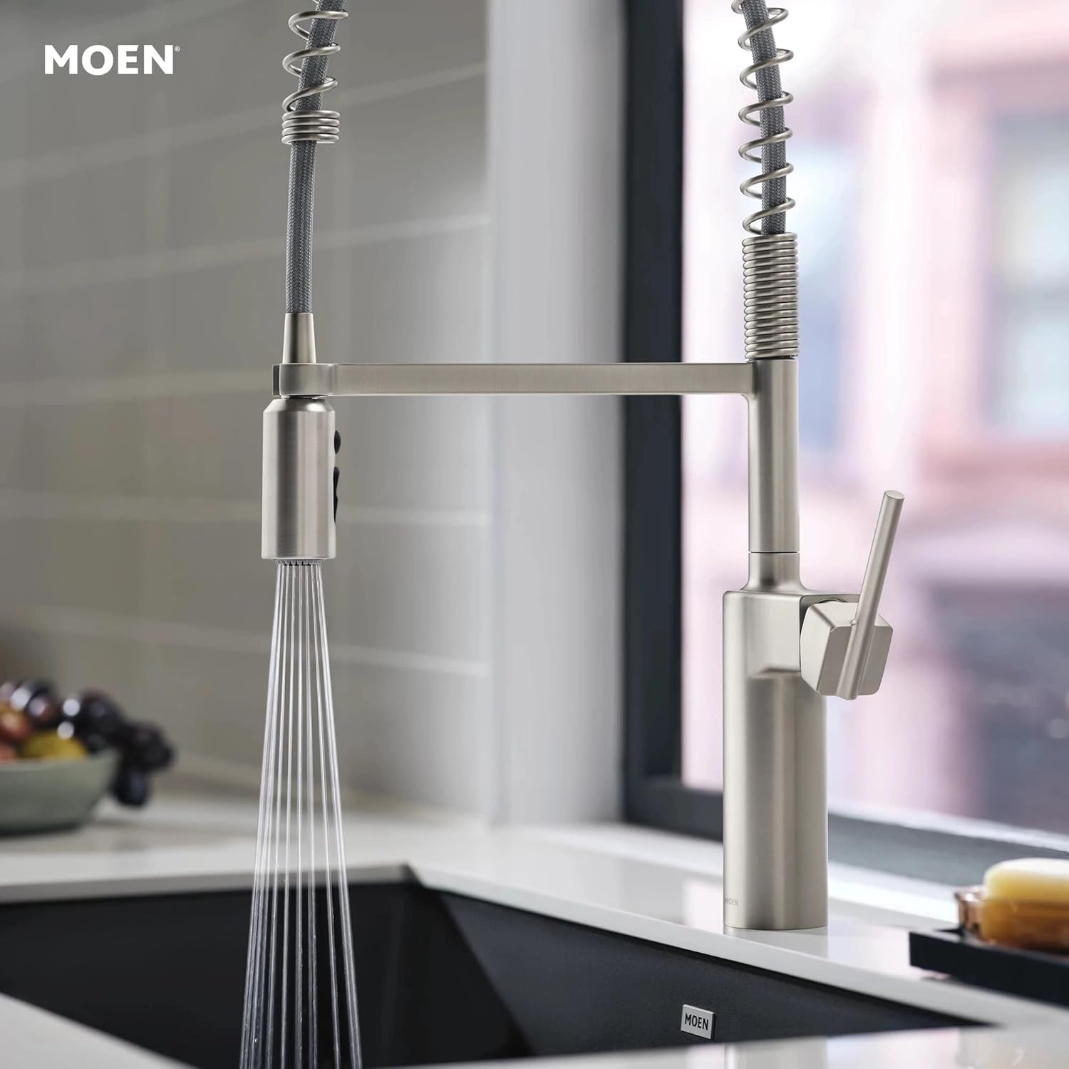 Moen Inara Stainless Spring Pulldown Kitchen Faucet with Pre-Rinse and Power Boost, Modern Kitchen Faucet, One-Handle Easy Installation, Spot Resist Finish, 87863SRS