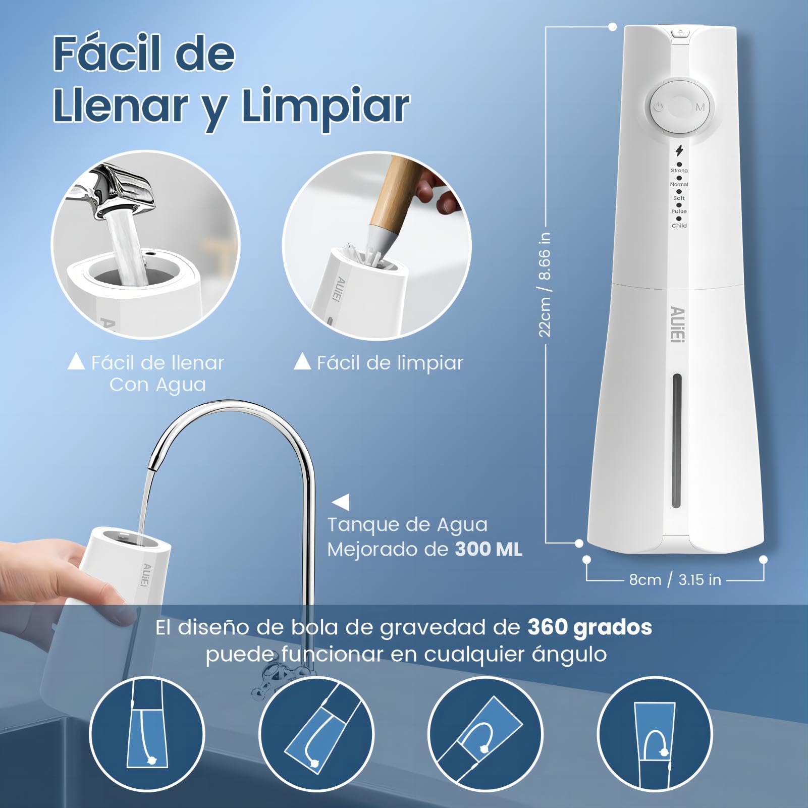 AUIEI Irrigador Dental, Irrigador Bucal Portatil Inalámbrico Profesional 8 Boquillas 5 Modos, USB Recargable Para Limpieza de Dientes, IPX7 Impermeable 300ML, Para Hogar y Viajes (Blanco)