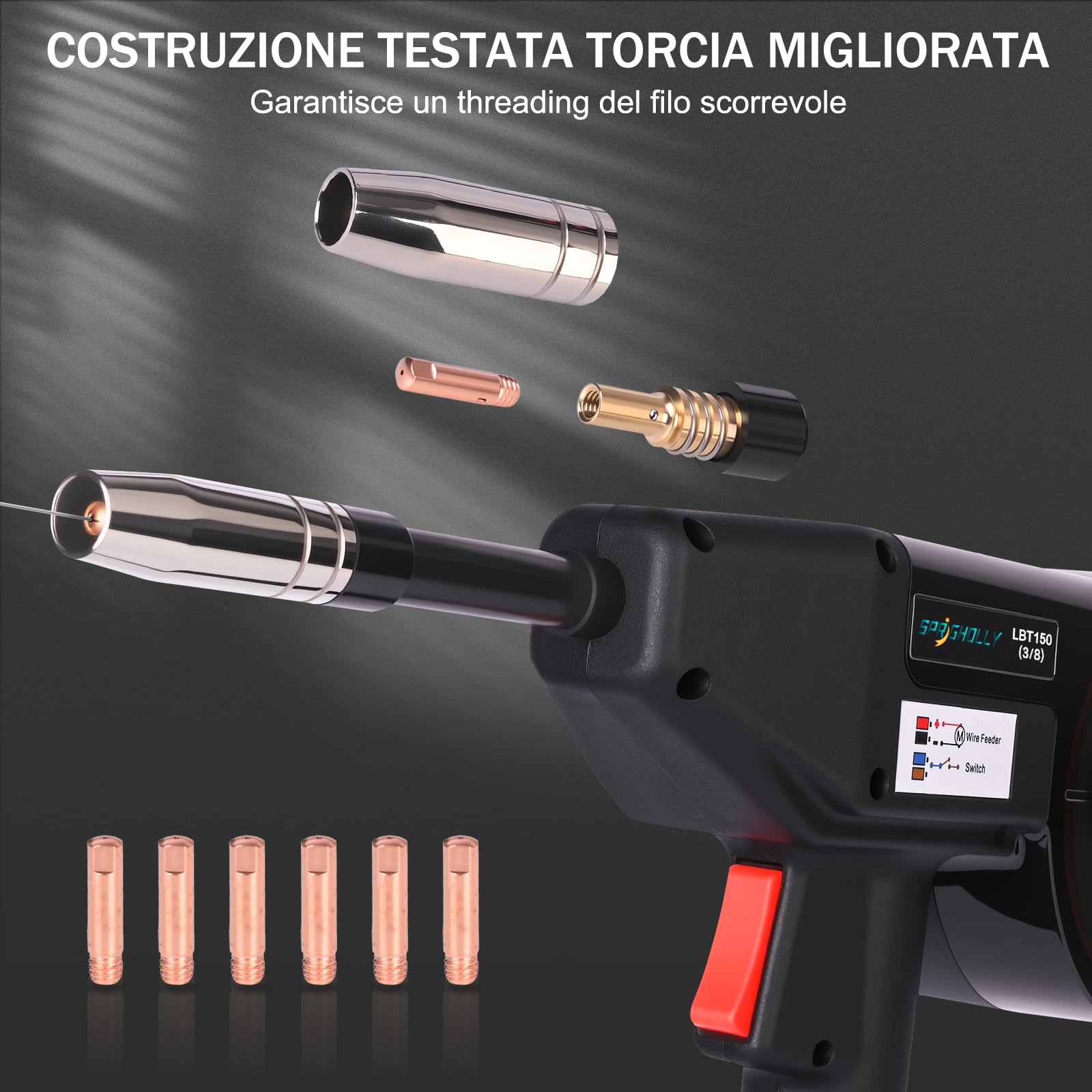 Pistola a bobina, pistola di saldatura MIG per alluminio da 150 ampere, compatibile con MIG200 e MIG250