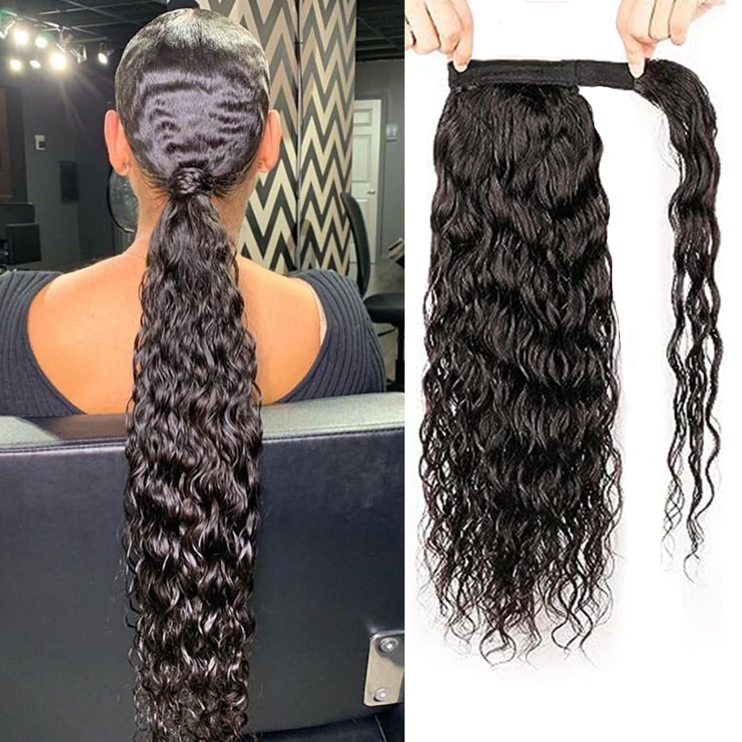 Long 22 Inch Hair Ponytail Wrap Around Kinky Curly Thick Brazilian Human Hair Extensions Jerry Curl Clip ins Silky Hair Pieces Heat Resistant Curly Natural Black for Black Women(22 inch)
