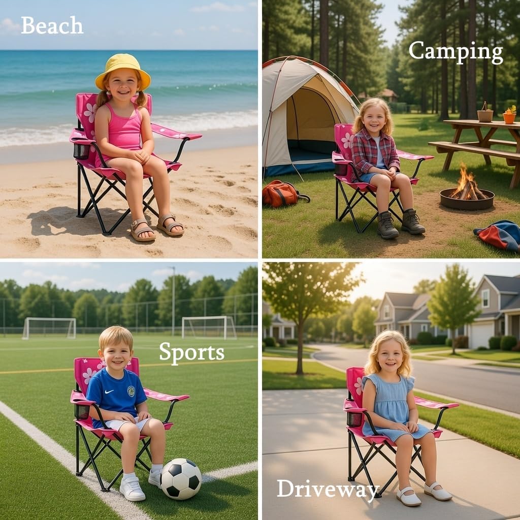 Emily Rose Kids Pink Folding Beach Camp Chair with Cup Holder Safety Lock & Carry Case - Toddler Girls Chair Ages 2-7 Indoor Outdoor Lightweight Portable - Floral Design 125lb Capacity