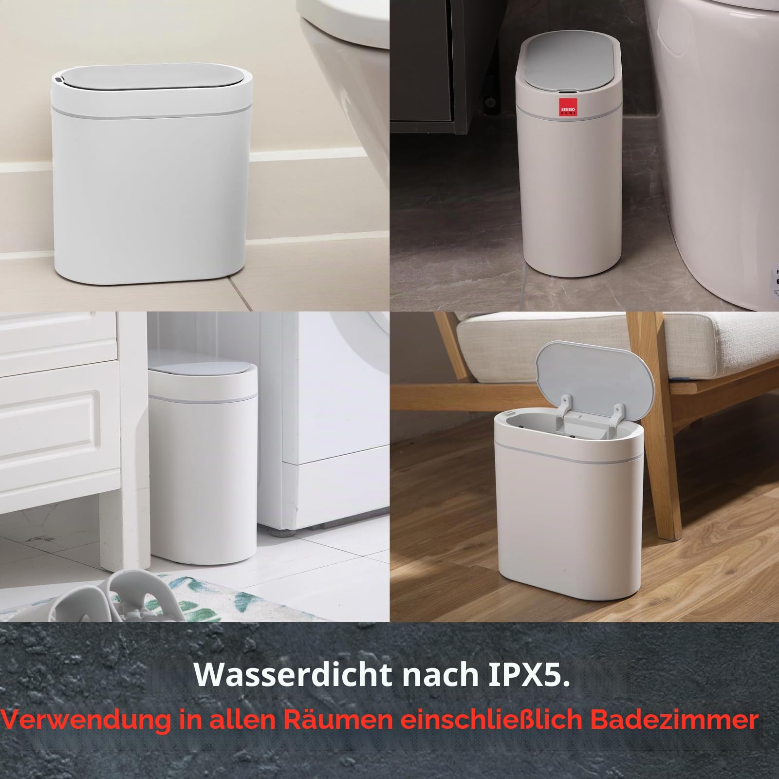 Sensio Home 5 Liter wasserdichter Mülleimer mit Bewegungsmelder, Mülleimer mit automatischem Deckel, automatischer Mülleimer für Schlafzimmer, Küche, Bad, Wohnzimmer, Büro, weiß mit grauem Rand