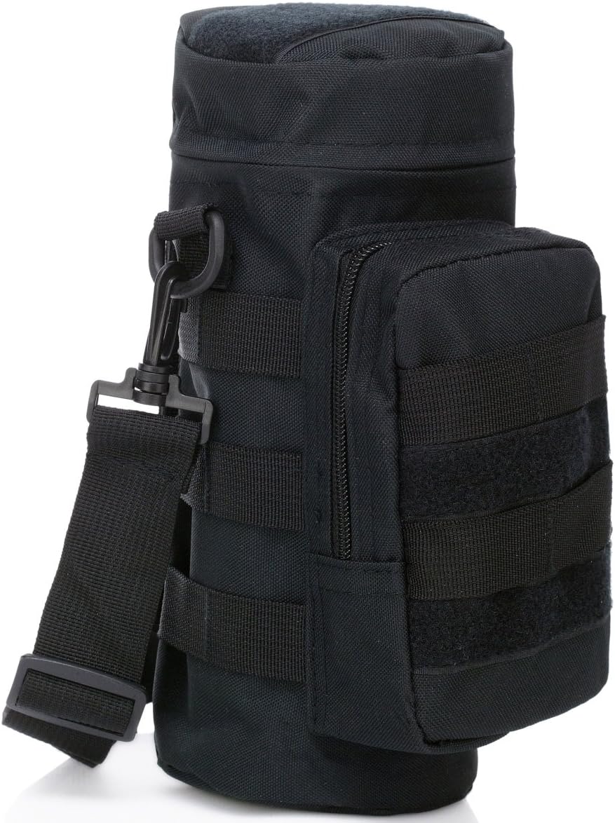 Walktorock Molle Outdoors Tactical Gear Water Bottle Pouch Kettle Waist Shoulder Bag Hiking Messager Pack for Army Fans Men (Black)