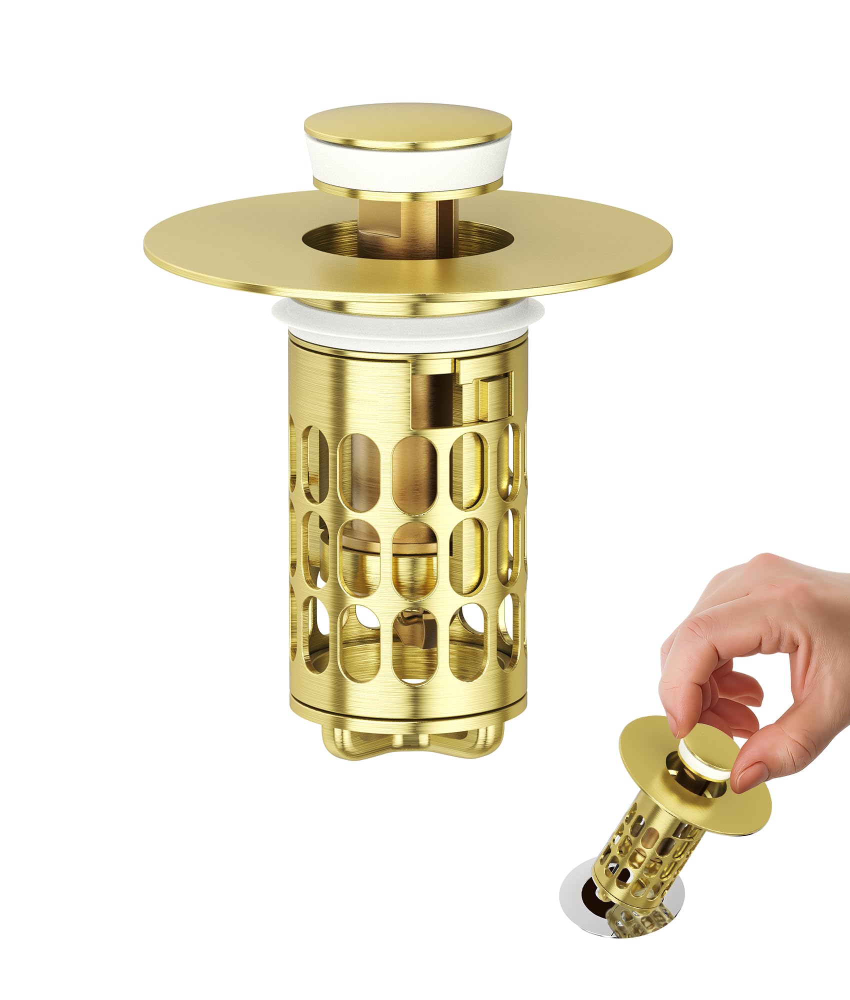 QYHNYJF Upgraded Bathroom Sink Stopper with Hair Catcher - Universal Pop-Up Drain Plug, Stainless Steel &amp; Silicone Seal for 1.1-1.5 Inch Drains, Gold Matte Brushed Finish (Gold Matte Brushed)