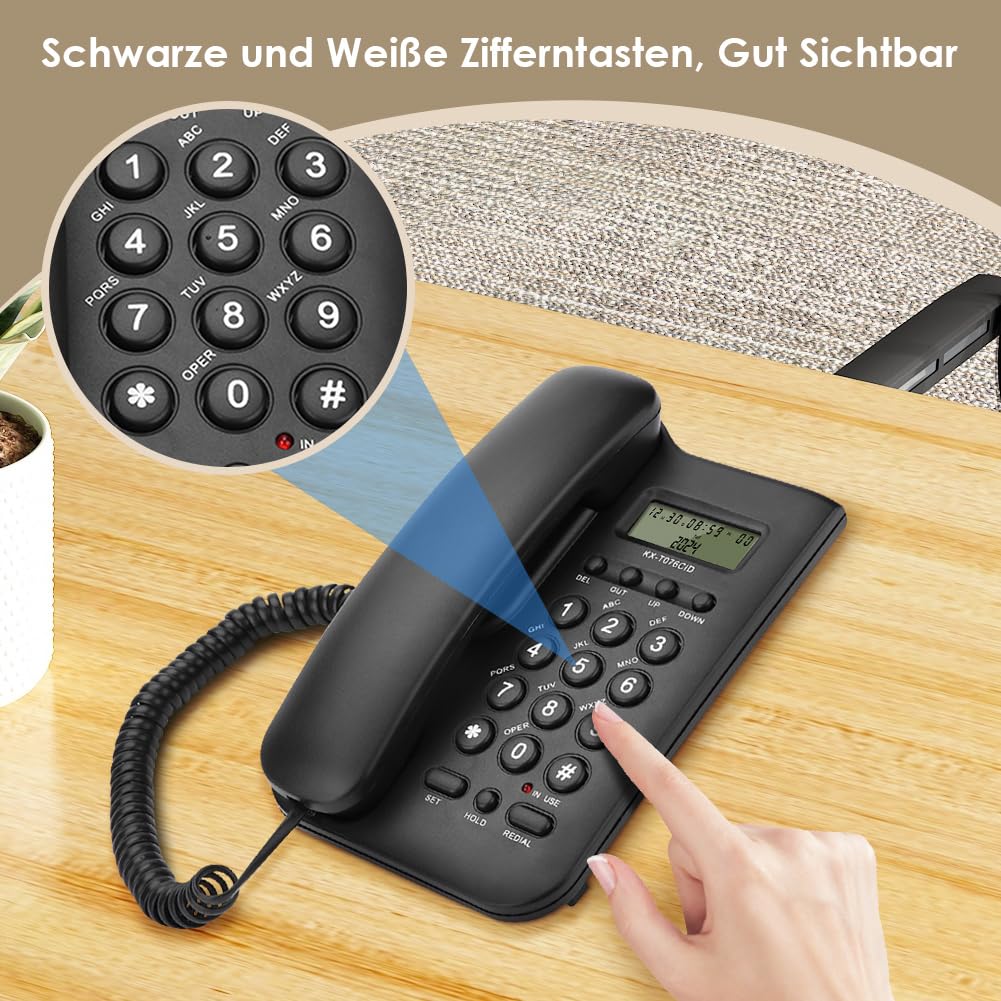 Ejoyous Telefon przewodowy, stały dla seniorów, analogowy, duży przycisk, bardzo głośna głośność, powtórzenie wyboru, biuro, dom(czarny)