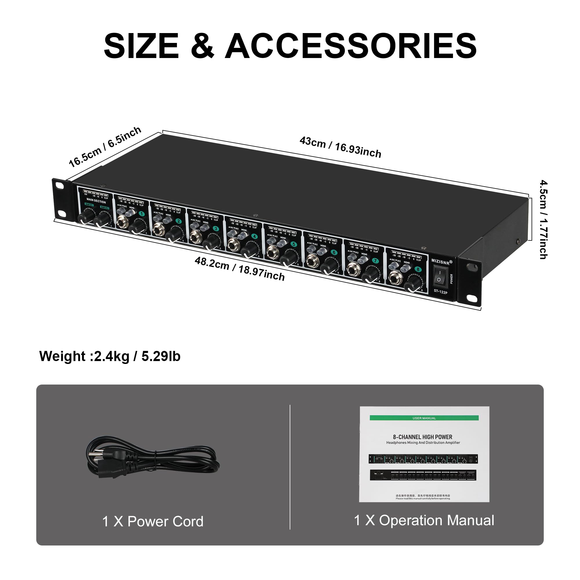 Amplificateur de casque 8 canaux pour casque avec modes stéréo/mono, 16 sorties casque, compteurs LED pour studio et surveillance du son en direct