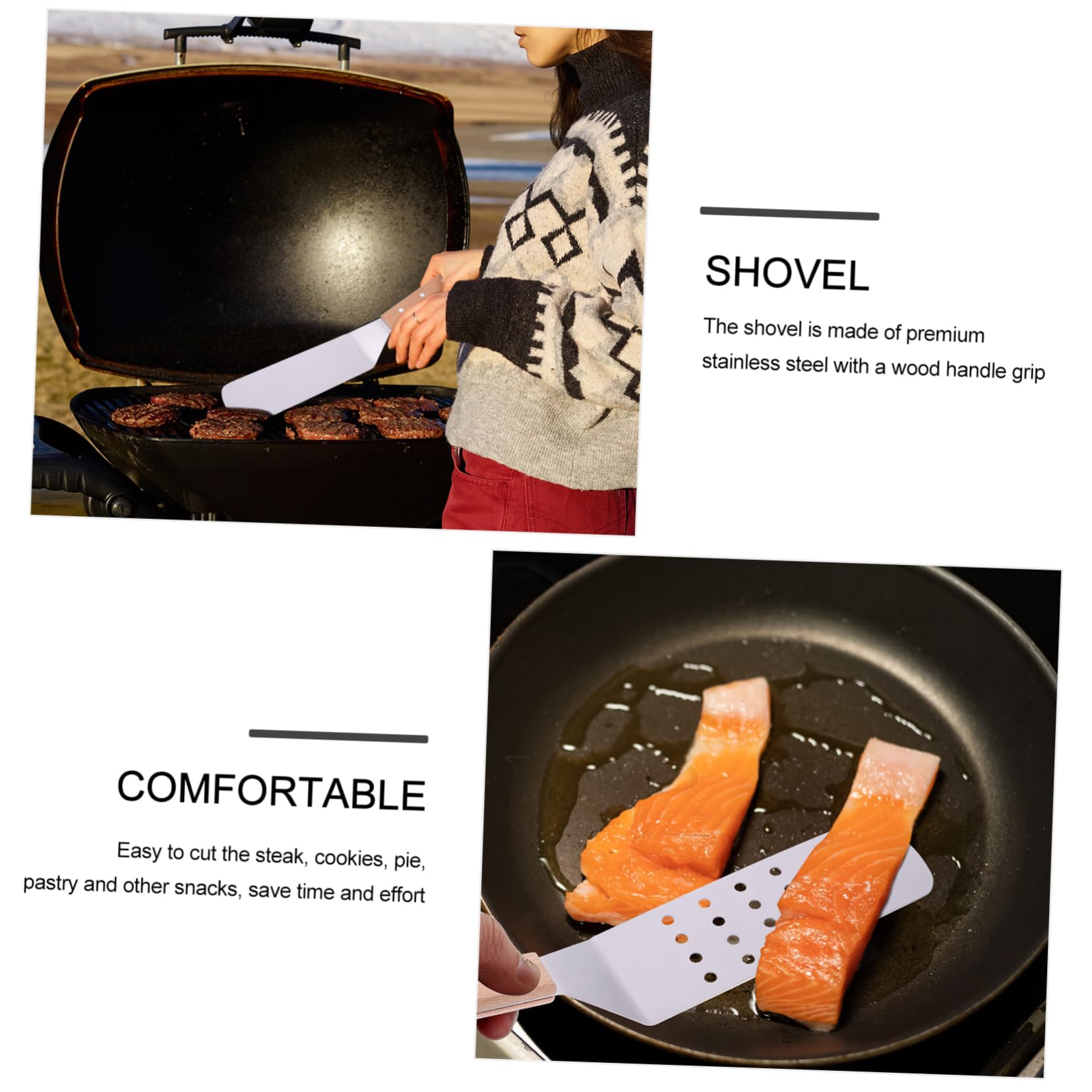 Pizzaschaufel aus Edelstahl und Holz, 5 Stück für Küche | Steak Wender, Brotschaufel, Leicht zu Reinigen, Hitzebeständiger Griff, Formstabil
