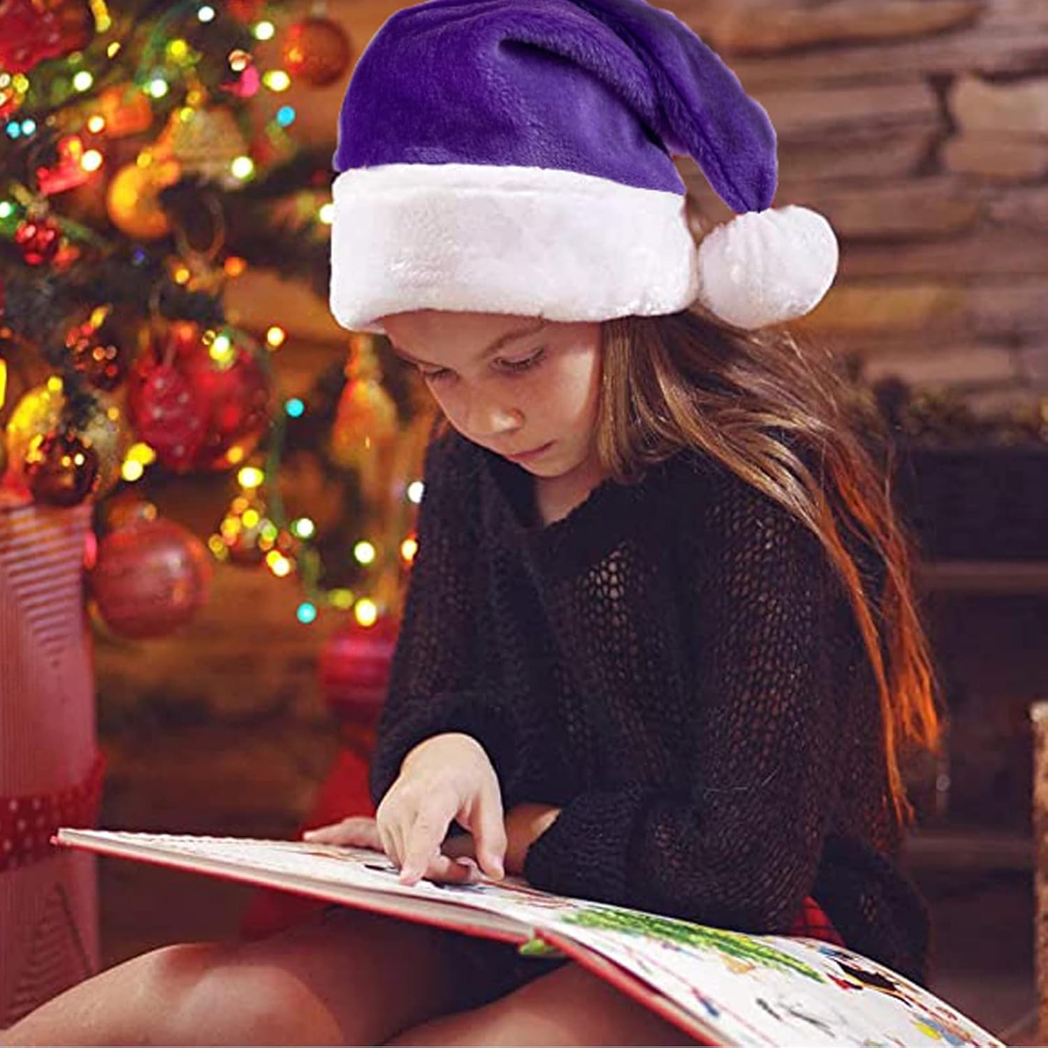 Plush Christmas Purple Santa Hat for Adults, Plush Purple Velvet Xmas Hat for Women Men Holiday New Year Party Supplies - Image 2