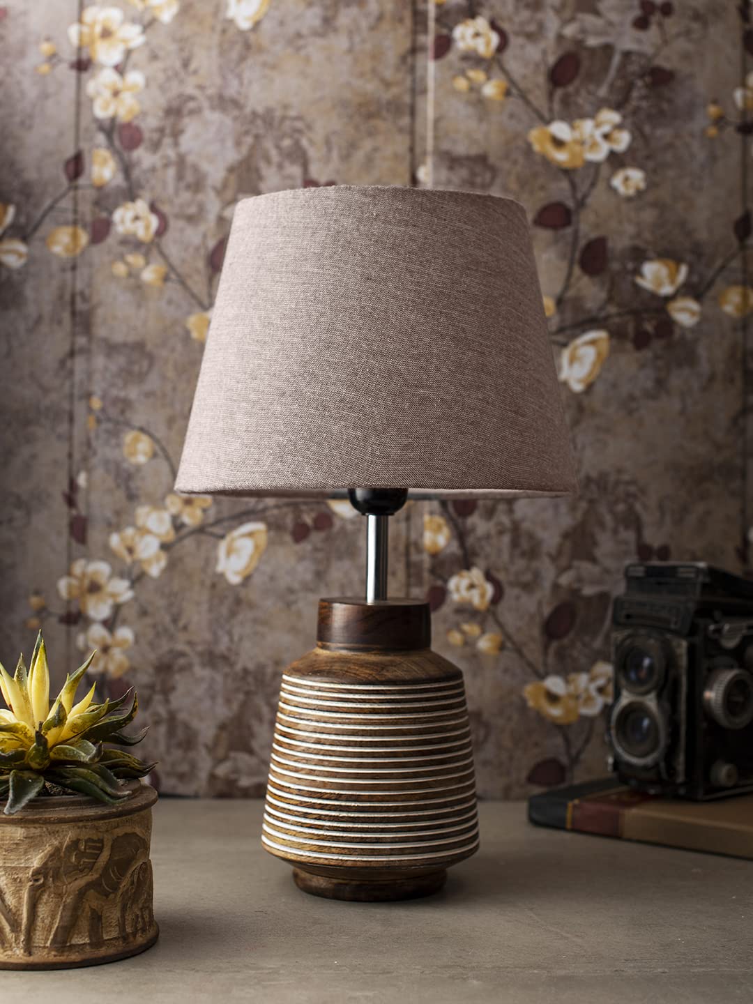 Green Girgit Rustic Ridged Wooden Lamp with Samre Brown Shade-image-37