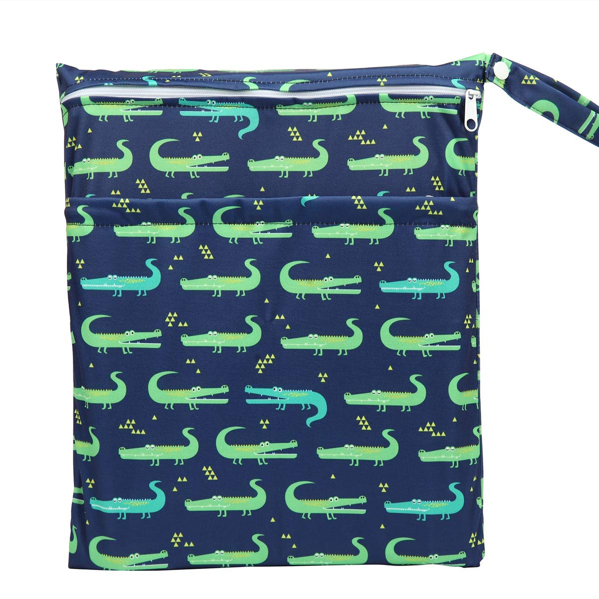 Sigzagor Wet Bag Baby Cloth Diaper Nappy Insert Bag Washable Two Zippered Pockets Boys (Green Crocodiles)