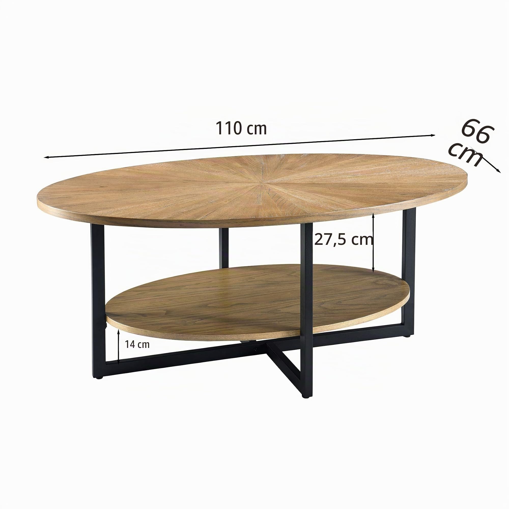 Mesa de Centro Redonda de Madera Maciza para 2 Niveles, mesas de Centro Ovalada en Estilo Moderno, Vintage, Tapa de Madera Maciza y Patas de Hierro en Forma de Cruz, mesacafé, mesasalón