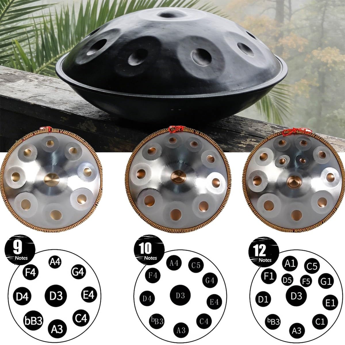 Handtrommel in D-Moll Kurd, 22 Zoll Zungentrommel 432Hz/440Hz, 9/10/12 Noten Handpan-Trommel mit Tragetasche, Harmonic Percussion für Live-Auftritte und Meditation(Goldfarben,440HZ/9Note)