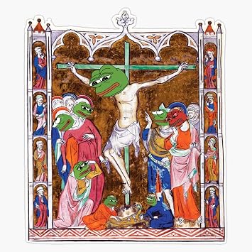 HOF Trading Medieval Pepe The Frog with Renaissance Kekistani Jesus Pepethefrog On Cross Crucifixion Rare Vinyl Sticker Water Coal Laptop Wall Window Bumper 5 inch، HOF-VETERAN-STICKERS-8144