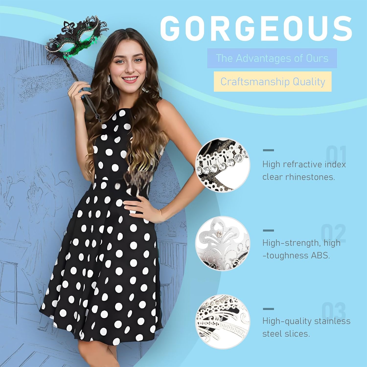 Hoshin Masquerade Mask with Stick, Mardi Gras Deecorations Venetian Masks for Womens - Image 2