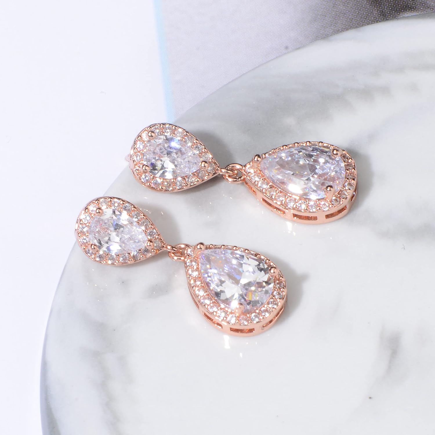 Pave Teardrop Earrings for Wedding Sterling Silver Double Pear Shaped CZ Cubic Zirconia Crystal Rhinestone Birthstone Dangle Earrings Bridal Jewelry for Bride Bridesmaids - Image 4