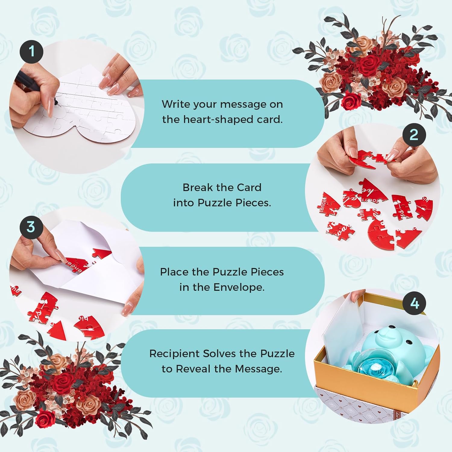 Mikasol Romantic Teddy Light Blue Bear with Preserved Rose - A Timeless Expression of Love - Real Rose in Elegant Grey Gift Box for Anniversary, Wedding, Mother's Day