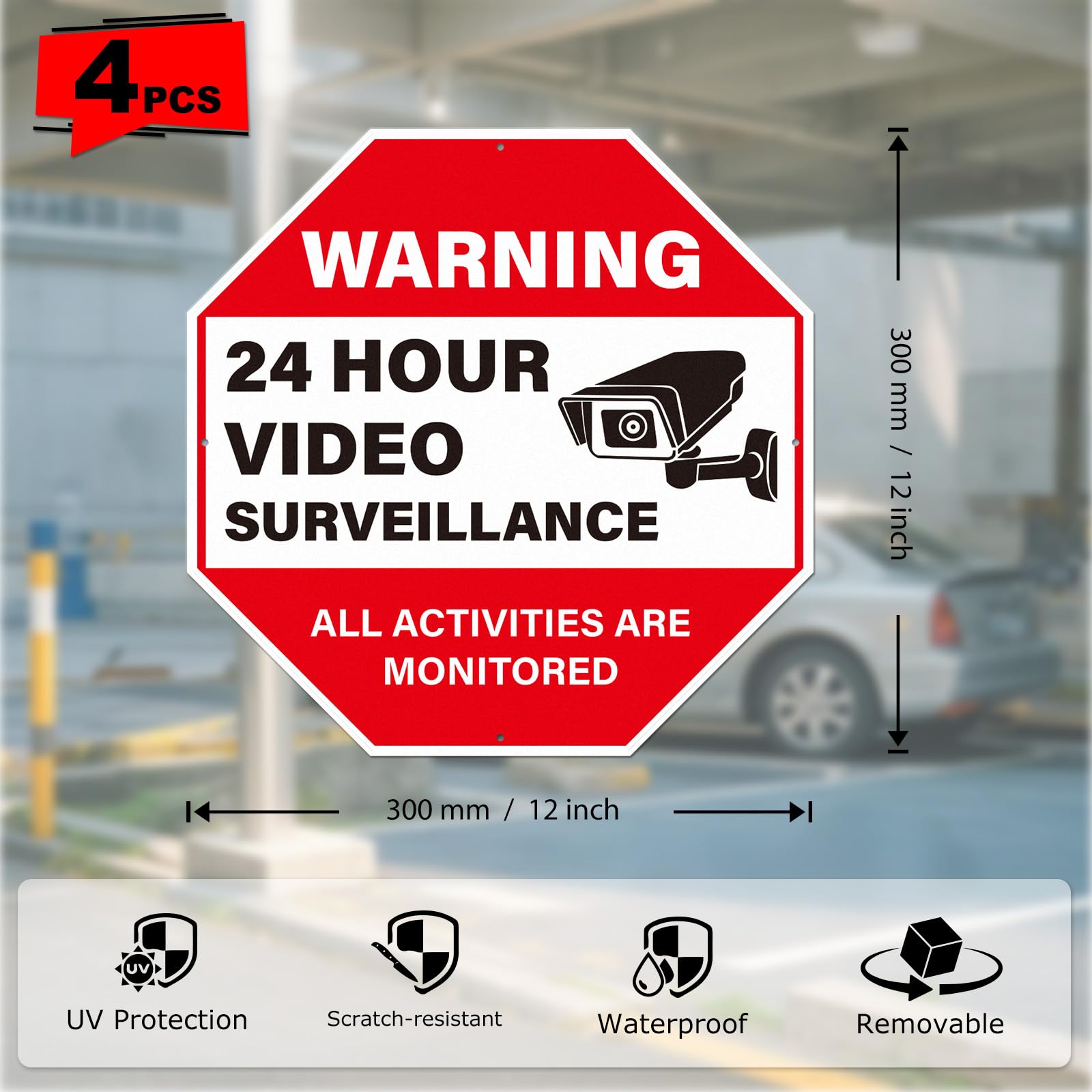 Paquete de 4 señales de advertencia de videovigilancia de 24 horas, todas las actividades están monitoreadas, 12 x 12 pulgadas, de aluminio resistente, reflectante, impermeable, señalización
