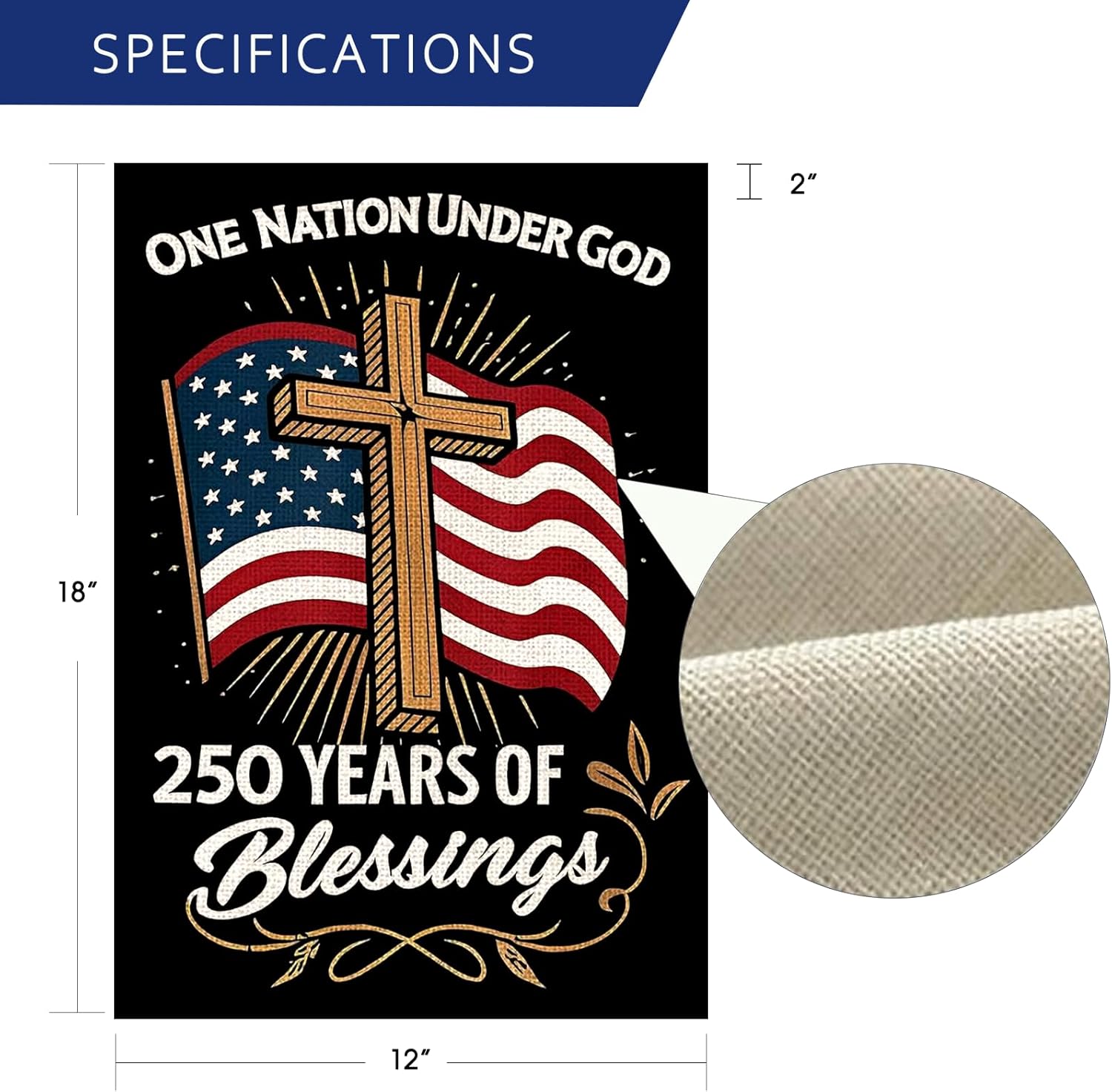 250 Years of Blessings America Garden Flag, USA 250th Anniversary Patriotic Cross Design, Double-Sided Burlap Yard Sign, One Nation Under God, 12 x 18 Inches - Image 3